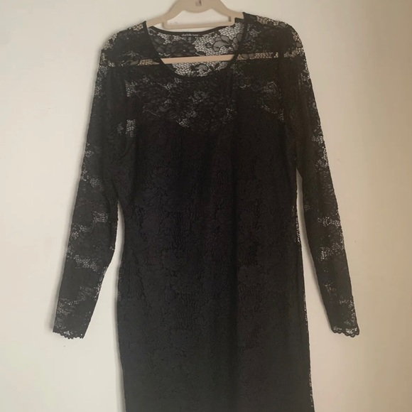 Charlotte Russe Black Lace Dress Long Sleeve Round Neck Stretch Party US2X UK 24 - Picture 3 of 13